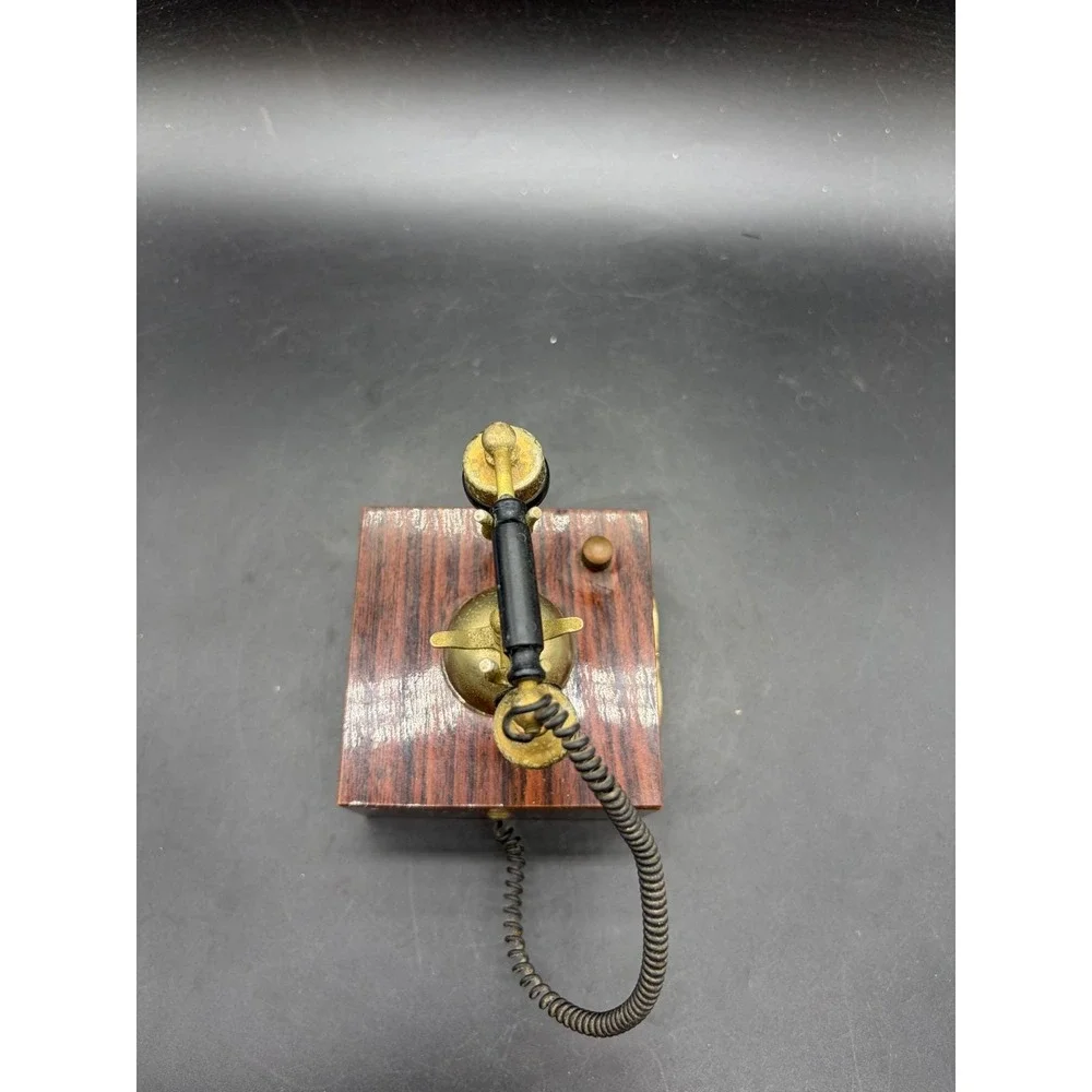 Vintage Miniature Telephone Music Box Antique Style Wood Brass Tone Decor